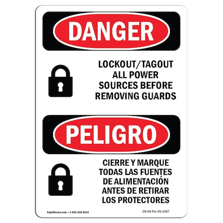 OSHA Danger, Lockout Tagout All Power Sources Bilingual, 5in X 3.5in Decal